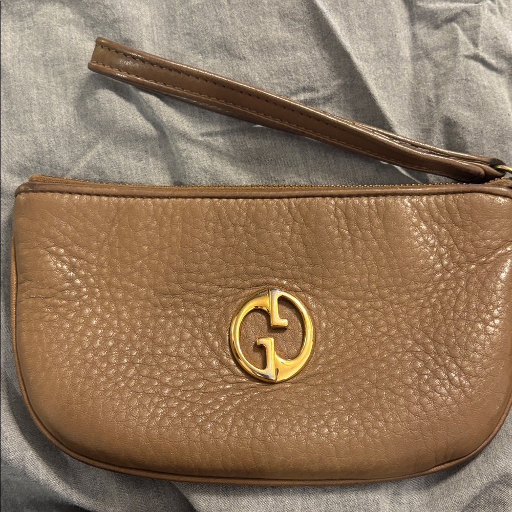 Gucci Authentic 1973 GG Logo Leather Wristlet Pouch Mini Bag Brown with Box